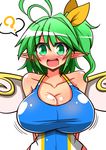 ? blush bouncing_breasts breasts cleavage collarbone competition_swimsuit daiyousei fairy_wings green_eyes green_hair hair_ribbon highres huge_breasts large_breasts one-piece_swimsuit pointy_ears ribbon rindou_(p41neko) side_ponytail solo spoken_question_mark swimsuit touhou upper_body wings 