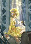  blue_eyes brown_hair cat cuffs dress drum_(container) girder handcuffs headphones key original rescue riolabo smile solo yellow_dress 