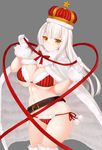  bikini blush breasts cleavage crown eyebrows fur gloves grey_background inayama large_breasts long_hair red_bikini side-tie_bikini silver_hair simple_background solo swimsuit thick_eyebrows white_gloves yellow_eyes 