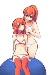  2girls boa_(brianoa) bra breasts chastel_aiheap cleavage closed_mouth colorized highres hisca_aiheap large_breasts lingerie medium_hair multiple_girls orange_hair panties ponytail simple_background small_breasts smile tales_of_(series) tales_of_vesperia thighhighs underwear white_background 