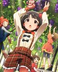  black_hair brown_eyes food fruit grapes hair_ornament idolmaster idolmaster_million_live! kinoshita_hinata multiple_girls nakatani_iku official_art oogami_tamaki open_mouth short_hair solo_focus suou_momoko 