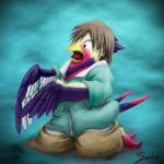  2012 avian beak bird brown_hair clothing feathers forked_tail hair head_tuft jacket kneeling male nintendo open_beak open_mouth pok&eacute;mon pok&eacute;mon_(species) red_eyes simple_background solo surprise taillow talons tongue transformation video_games 仙斗@活動縮小中 