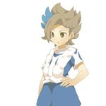  blue_hair brown_hair earth_eleven hand_on_hip inazuma_eleven_(series) inazuma_eleven_go inazuma_eleven_go_galaxy male_focus matatagi_hayato mikoto_(cotot) multicolored_hair open_mouth simple_background soccer_uniform solo sportswear two-tone_hair white_background 