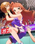  :d armpits audience ball bare_shoulders basketball brown_hair idolmaster idolmaster_million_live! jumping navel official_art one_side_up oogami_tamaki open_mouth orange_eyes smile solo_focus sport sweat v-shaped_eyebrows wristband 