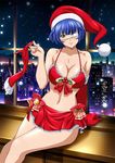  bell bra breasts cleavage collarbone elbow_gloves eyepatch gloves gloves_removed green_eyes hat highres ikkitousen indoors jpeg_artifacts large_breasts looking_at_viewer mole mole_under_mouth navel red_bra red_gloves red_hat red_skirt ryomou_shimei santa_gloves santa_hat shiny shiny_skin skirt smile snow solo underwear zzz 