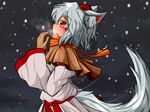  :o animal_ears blush capelet dress fang gust005 hat highres inubashiri_momiji long_sleeves looking_up open_mouth orange_scarf profile red_eyes scarf short_hair silver_hair snow snowing tail tokin_hat tooth touhou white_dress winter_clothes wolf_ears wolf_tail 