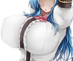  alternate_breast_size arms_up blue_hair bow breasts frills head_out_of_frame hinanawi_tenshi huge_breasts hydrant_(kasozama) impossible_clothes impossible_shirt long_hair no_eyes open_mouth shirt solo taut_clothes taut_shirt touhou upper_body 
