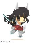  anabuki_tomoko animal_ears artist_name bad_id bad_pixiv_id bangs black_hair blunt_bangs brown_eyes chameleon_man_(three) chibi flat_color flying fox_ears fox_tail hakama_skirt holding holding_sword holding_weapon japanese_clothes katana long_hair no_mouth shadow simple_background skirt solo striker_unit sword tail uneven_eyes weapon white_background world_witches_series 