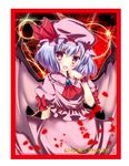  ascot bat_wings blue_hair dress fang frame hat hat_ribbon highres mob_cap open_mouth petals pink_dress pink_eyes puffy_short_sleeves puffy_sleeves remilia_scarlet ribbon rikatan sash short_sleeves smile solo touhou wings wrist_cuffs 