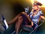  1girl blonde_hair blue_eyes blush breasts bubuzuke cell chair cleavage dark_skin gal_kanshu_rina-chan_no_m_otoko-ka_seikyouiku_shidou game_cg garter_straps gloves hat high_heels highres large_breasts legs legs_crossed long_hair looking_at_viewer mole police policewoman sitting skirt smile solo thighhighs thighs uniform whip 