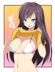  aqua_eyes bikini_top breasts brown_hair cleavage kinoshita_ichi large_breasts long_hair looking_at_viewer navel open_mouth original shiny shiny_skin shirt_lift smile solo swimsuit swimsuit_under_clothes 