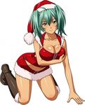  artist_request boots breasts cleavage collarbone full_body green_eyes green_hair hat ikkitousen jpeg_artifacts large_breasts long_hair midriff navel red_hat ryofu_housen santa_costume santa_hat simple_background smile solo twintails white_background 