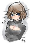  al_bhed_eyes amane_shinobu blue_eyes blush breast_hold breasts brown_hair cleavage cleavage_cutout hair_ornament hairclip headgear highres kantai_collection maya_(kantai_collection) medium_breasts meme_attire open-chest_sweater ribbed_sweater short_hair solo sweater turtleneck upper_body 
