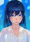  blue_eyes blue_hair blush bukimi_isan collarbone earrings ganaha_hibiki idolmaster idolmaster_(classic) jewelry lips looking_at_viewer portrait solo v-neck wet wet_clothes 