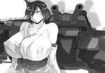 1girl bare_shoulders belt breasts cannon collarbone detached_sleeves endou_tatsumi erect_nipples female gigantic_breasts japanese_clothes kantai_collection monochrome short_hair solo standing upper_body weapon yamashiro_(kantai_collection) 