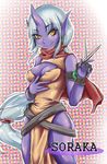  bad_id bad_pixiv_id breasts cleavage highres horn kress league_of_legends long_hair medium_breasts meme_attire open-chest_sweater pointy_ears ponytail purple_skin scissors soraka sweater very_long_hair yellow_eyes 