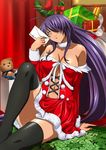  antenna_hair arm_support black_legwear breasts cleavage collar collarbone dress football_(object) hair_over_one_eye highres holding_legs ikkitousen indoors kan'u_unchou large_breasts long_hair purple_hair red_dress shiny shiny_skin sitting smile solo strapless strapless_dress stuffed_animal stuffed_toy teddy_bear thighhighs 