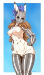  abs anthro armor armorbun breasts digital_media_(artwork) female fur hair helmet lagomorph long_hair looking_at_viewer mammal muscular muscular_female nipples nude otakuap pussy rabbit simple_background solo standing 