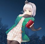  black_hairband breath coat contemporary dress dutch_angle green_eyes hairband highres konpaku_youmu long_sleeves looking_at_viewer night night_sky outdoors ribbed_sweater ribbon scarf short_hair silver_hair sky soft_drink solo standing sweater sweater_dress tauta_(meshia8787) thighhighs touhou tree 