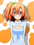  arms_behind_back bespectacled breasts cleavage cleavage_cutout furuse_(fullset) glasses highres kousaka_honoka long_sleeves looking_at_viewer love_live! love_live!_school_idol_project meme_attire one_side_up open-chest_sweater orange_hair ribbed_sweater simple_background small_breasts solo striped striped_sweater sweater turtleneck upper_body 