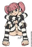  black_eyes breasts cleavage elbow_gloves fingerless_gloves gloves hair_ornament long_hair nail_polish no_bra no_panties noise_tanker one_piece perona pink_hair pussy sitting solo striped striped_gloves striped_legwear thighhighs toenail_polish toes twintails 