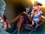  1girl blonde_hair blue_eyes blush breasts bubuzuke cell censored chair cleavage dark_skin feet femdom footjob gal_kanshu_rina-chan_no_m_otoko-ka_seikyouiku_shidou game_cg garter_straps gloves hat highres large_breasts legs legs_crossed long_hair looking_away mole no_shoes penis police policewoman sitting skirt smile thighhighs thighs toes uniform whip 