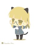  adjusting_eyewear animal_ears artist_name bad_id bad_pixiv_id black_legwear blonde_hair cat_ears cat_tail chameleon_man_(three) chibi child cravat flat_color glasses military military_uniform no_mouth pantyhose perrine_h_clostermann short_hair simple_background solo standing strike_witches tail uniform white_background world_witches_series yellow_eyes younger 