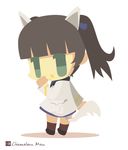  animal_ears artist_name bad_id bad_pixiv_id blue_ribbon brave_witches brown_hair cat_ears cat_tail chameleon_man_(three) chibi flat_color food food_on_face georgette_lemare green_eyes hair_ribbon hand_to_own_mouth jacket long_hair long_sleeves looking_back military military_uniform no_mouth ponytail ribbon simple_background solo standing tail uniform white_background world_witches_series 