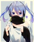  bad_id bad_pixiv_id blue_eyes blue_hair blush cosplay covered_mouth ene_(kagerou_project) headphones highres kagerou_project konoha_(kagerou_project) konoha_(kagerou_project)_(cosplay) long_hair nako_(inamenaihane) oversized_clothes solo twintails 