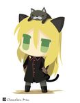  animal animal_ears animal_on_head artist_name bad_id bad_pixiv_id black_cat black_legwear blonde_hair boots brown_gloves cat cat_ears cat_tail chameleon_man_(three) chibi flat_color full_body gloves green_eyes hands_on_hips heinrike_prinzessin_zu_sayn-wittgenstein long_hair military military_uniform no_mouth noble_witches on_head pantyhose simple_background solo standing tail uneven_eyes uniform white_background world_witches_series 