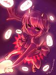  2014 :p ahoge artist_name dated dress full_body glowing glowing_horns glowing_weapon highres horns kijin_seija looking_at_viewer mallet miracle_mallet puffy_short_sleeves puffy_sleeves purple purple_background pyonsuke_(pyon2_mfg) red_eyes short_hair short_sleeves signature sketch smile solo swinging tongue tongue_out touhou weapon 