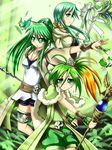  bracelet caam_serenity_of_gusto cape duel_monster green_eyes green_hair gusto_gulldo highres jewelry multiple_girls omega_na_hito pilica_descendant_of_gusto spiritual_beast_rampengu staff thighhighs wind winda_priestess_of_gusto yuu-gi-ou 