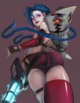  ass bare_shoulders black_gloves blue_hair braid gloves hairline highres jinx_(league_of_legends) league_of_legends lips lipstick long_hair makeup pink_eyes shorts single_thighhigh thigh_strap thighhighs twin_braids weapon 