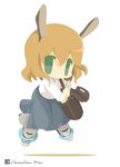 amelie_planchard animal_ears artist_name bad_id bad_pixiv_id bag blue_skirt bunny_ears chameleon_man_(three) chibi collared_shirt flat_color flying green_eyes handbag long_skirt long_sleeves no_mouth orange_hair shirt short_hair simple_background skirt solo strike_witches striker_unit white_background world_witches_series 