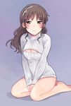  ashigara_(kantai_collection) bare_legs barefoot blush breasts brown_eyes brown_hair cleavage cleavage_cutout fuji_fujino grey_background hairband kantai_collection long_hair looking_at_viewer medium_breasts meme_attire open-chest_sweater revision ribbed_sweater seiza simple_background sitting solo sweater v_arms wariza 