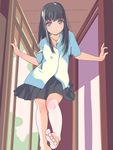  barefoot black_eyes black_hair eyebrows_visible_through_hair feet long_hair matsunaga_kouyou original pleated_skirt shirt skirt smile soles solo 