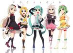  ahoge aqua_hair aren_(fubuki-46) arm_up bangs belt belt_boots black_footwear blonde_hair blue_eyes boots brown_eyes choker copyright_name dress earrings elbow_gloves gloves goggles goggles_on_head green_eyes green_hair gumi hair_ornament hair_ribbon hairclip hand_on_hip hatsune_miku high_heels ia_(vocaloid) jewelry kagamine_rin knee_boots long_hair mayu_(vocaloid) midriff multiple_girls necktie open_mouth piano_print ribbon short_hair shorts silver_hair simple_background single_thighhigh skirt stuffed_animal stuffed_bunny stuffed_toy thigh_boots thighhighs twintails usano_mimi very_long_hair vocaloid white_background white_footwear wrist_cuffs 