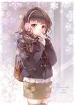  backpack bag brown_eyes brown_hair earmuffs grey_legwear highres jacket long_sleeves looking_at_viewer original plaid plaid_scarf scarf skirt solo thighhighs tukino_(panna) winter_clothes zettai_ryouiki 