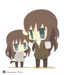  animal_ears artist_name bad_id bad_pixiv_id black_legwear blue_eyes brown_hair candy chameleon_man_(three) chibi child cigarette cup dog_ears dog_tail dual_persona elizabeth_f_beurling flat_color food hand_on_another's_head holding jacket lollipop long_hair mug multiple_girls pantyhose ribbed_sweater simple_background standing sweater tail time_paradox white_background world_witches_series younger 