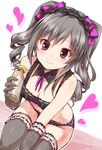  bad_id bad_pixiv_id bikini drill_hair elbow_gloves gloves heart highres idolmaster idolmaster_cinderella_girls kanzaki_ranko long_hair paopao red_eyes silver_hair smile solo swimsuit tanning_oil thighhighs twin_drills twintails 