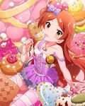  brown_hair candy food idolmaster idolmaster_million_live! licking lollipop long_hair official_art one_side_up oogami_tamaki orange_eyes ribbon sitting solo sparkle 