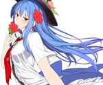  :o bad_id bad_pixiv_id blue_hair blush breasts flower food food_themed_clothes fruit hair_flower hair_ornament hat hibiscus hinanawi_tenshi large_breasts long_hair looking_at_viewer looking_to_the_side neropaso open_mouth peach red_eyes short_sleeves simple_background solo touhou upper_body white_background work_in_progress 