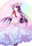  book capelet chitose_(usacan) coat crescent dress hair_ribbon hat highres long_hair long_sleeves magic_circle mob_cap open_book open_clothes open_coat patchouli_knowledge purple_eyes purple_hair ribbon solo striped striped_dress touhou tress_ribbon very_long_hair 