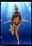  bare_legs bare_shoulders barefoot black_border border brown_eyes brown_hair high_ponytail highres i-401_(kantai_collection) isshiki_(ffmania7) kantai_collection ponytail sailor_collar sailor_collar_lift school_swimsuit smile solo swimsuit swimsuit_under_clothes tan twitter_username underwater 