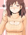  blush breasts brown_hair cleavage cleavage_cutout embarrassed large_breasts meme_attire one_eye_closed open-chest_sweater original red_eyes ribbed_sweater shibumi short_hair solo squiggle sweater turtleneck wavy_mouth 