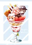  blonde_hair bow brown_eyes brown_hair character_name chocolate food fruit gasuto_(kamikami) glass hat hat_bow ice_cream in_food maribel_hearn minigirl mint mob_cap multiple_girls open_mouth parfait pocky purple_eyes soft_serve strawberry strawberry_syrup touhou usami_renko waffle 