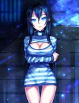  1girl bare_legs black_hair blue_eyes breasts cleavage cleavage_cutout collar covered_navel crossed_arms female large_breasts lock long_hair navel open-chest_sweater original samael_(5211) shirt solo standing striped striped_shirt thigh_gap very_long_hair 