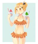  bikini blonde_hair frilled_bikini frills haikyuu!! long_hair namiri shaved_ice side_ponytail solo swimsuit yachi_hitoka yellow_eyes 