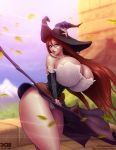  1girl bare_shoulders barretxiii breasts cleavage curvy dragon&#039;s_crown hat highres huge_breasts long_hair looking_at_viewer orange_hair parted_lips red_eyes solo sorceress_(dragon&#039;s_crown) thick_thighs thighs wing witch_hat 