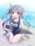  blue_hair breasts hair_ribbon i-19_(kantai_collection) kantai_collection large_breasts long_hair one-piece_swimsuit open_mouth pei_(momoyukix) poolside red_eyes ribbon school_swimsuit solo star star-shaped_pupils swimsuit symbol-shaped_pupils torpedo twintails wet 